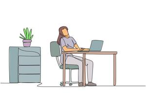 Single continuous line drawing woman sitting in work chair typing on a laptop with her head tilted. Neck tense and stiff. Too focused. Need to stretch. Overtime. One line design illustration vector