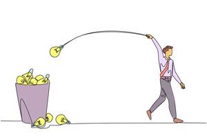 Single continuous line drawing businessman walking throwing light bulbs into the trash can. Avoiding responsibility for ideas that are not brilliant. Disappointing. One line design illustration vector