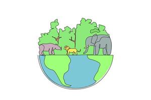 Single continuous line drawing lush trees and several animals. Habitat for living creatures. A maintained ecosystem ensures that animal populations are maintained. One line design illustration vector