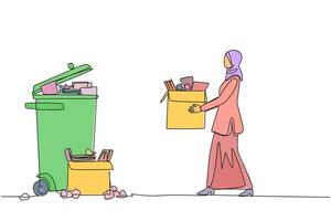 Single continuous line drawing Arab businesswoman carrying a cardboard box full of piles of paper to the trash. A clean work room will provide more enthusiasm. One line design illustration vector