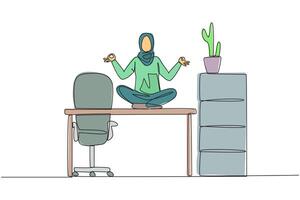 Single one line drawing Arabian woman sitting cross-legged on a work desk. Do yoga activities while at the office. Makes the mind calm and focused better. Continuous line design graphic illustration vector