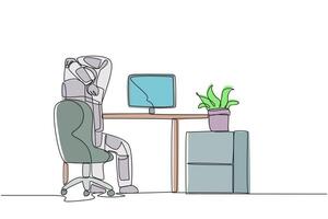 Single one line drawing astronaut sitting in a work chair warming up his hands above his head. Stretching. The space expedition schedule is getting closer. Continuous line design graphic illustration vector