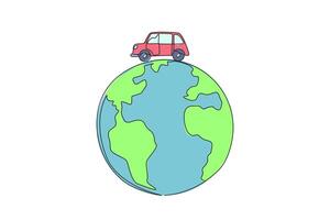 Single one line drawing car on a globe. Vehicles contain pollution. Polluted air. Health is compromised. Unhealthy. Protect the world. Environmental care. Continuous line design graphic illustration vector