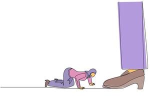 Single continuous line drawing Arab businesswoman kneels and licks giant foot. Be obedient as part of the struggle. Determined to benefit the business. Submissive. One line design illustration vector