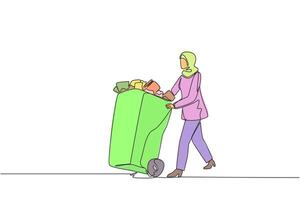 Single continuous line drawing Arabian businesswoman pushing trash can filled with wads of paper. Piling useless files in workspace is not important. Throw away. One line design illustration vector