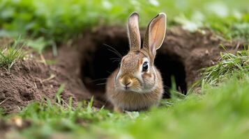A young rabbit emerges from its burrow in a lush green field during a sunny spring afternoon photo