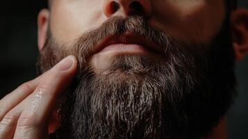 Close-up of a man grooming his well-defined beard in soft lighting, highlighting texture and detail, during an evening routine at home photo