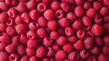 Freshly harvested red raspberries arranged neatly on a gray background to highlight their vibrant color and texture photo