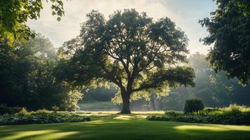 Majestic oak tree surrounded by lush greenery at sunrise in a serene park landscape photo