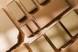 Multiple cardboard boxes arranged on a surface for packaging and shipping in a warehouse setting photo