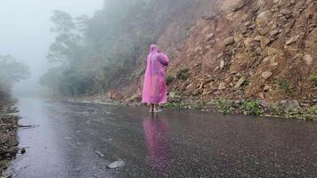 An individual wearing a pink raincoat stands on a misty mountain road, embodying concepts of solitude and adventure travel video