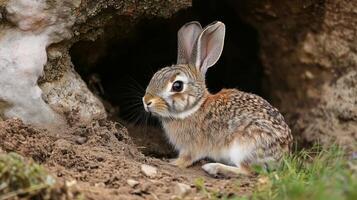 A rabbit peeks out from its burrow in a natural setting during daylight hours photo