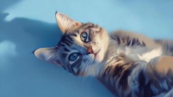 A playful cat stretches out on a blue surface under soft lighting, showcasing its unique fur pattern and bright blue eyes photo