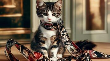 Curious kitten sits elegantly with a patterned scarf around its neck in a sunlit indoor space during daytime photo