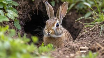A curious rabbit peeks out from its burrow surrounded by lush greenery in a tranquil garden during springtime photo