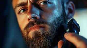 A man carefully groomed his beard using an electric trimmer in a dimly lit room during the evening hours photo