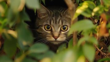 Curious cat peeking from greenery in the garden during sunny daytime photo