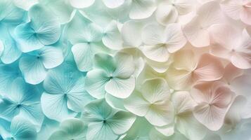 Delicate pastel hydrangea petals in shades of blue and white subtly blend together in a serene floral pattern photo