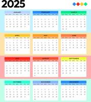 2025 Calendar with all dates and months colorful design, editable calendar vector