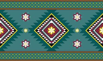 Ethinic Abstract Red and gold Tone rug pattern on green background. Ikat Aztec print. Scandinavian seamless pattern. Ethnic ornament. tribal Scandinavian geometric ikat pattern. vector