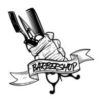Barbershop skull hand holding holds razors, scissors and combs service of Isolated on white background. Perfect for t-shirt, emblems, labels, badges and logos. vector