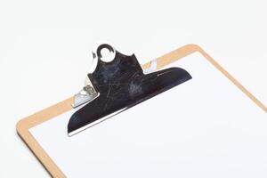 Home office workspace mockup with clipboard. Flat lay, top view. Template for blog, bloger, business photo