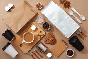 Coffee identity branding mockup set top view flat lay photo