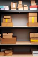 Rows of shelves with cardboard boxes in modern warehouse photo