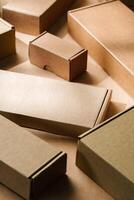 Multiple cardboard boxes arranged on a surface for packaging and shipping in a warehouse setting photo