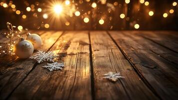 A warm, festive scene with Christmas ornaments, snowflakes, and twinkling lights on a rustic wooden surface, illuminated by soft golden bokeh lights, photo