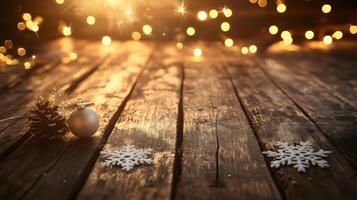 A warm, festive scene with Christmas ornaments, snowflakes, and twinkling lights on a rustic wooden surface, illuminated by soft golden bokeh lights, photo