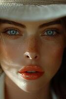 Cinematic close up of a womans face with freckles and intense blue eyes photo