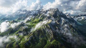 Aerial view of majestic snow capped mountain range under cloudy sky photo