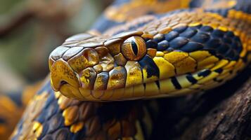 Close up of a large, yellow and black patterned snake with sharp focus on eyes and scales photo