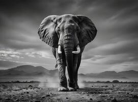 Black and White Photograph of an Elephant Walking Towards the Camera in a Dusty Landscape photo
