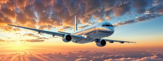 Airplane flying through a vibrant sunset sky with dramatic clouds photo