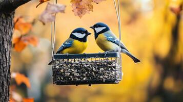 Two colorful blue tits perched on a bird feeder filled with seeds amid vibrant autumn leaves in a tranquil woodland setting photo
