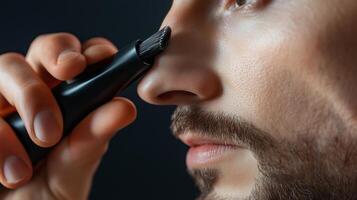Close-up of a person applying grooming tool on the nose in a dimly lit room focusing on precision and detail photo