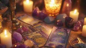Setting up a mystical tarot reading with candles and crystals in a dimly lit space photo