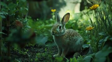 A shy rabbit observes its surroundings among vibrant flowers and lush greenery in a serene garden setting during daylight photo