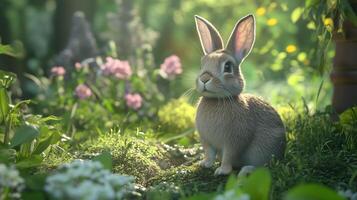 A small brown rabbit sitting in a vibrant garden surrounded by blooming flowers and soft sunlight in a serene and tranquil setting photo