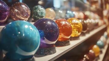 Colorful glass orbs displayed in a shop window, showcasing various shapes and sizes in a vibrant arrangement during the afternoon photo