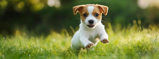 A playful puppy running joyfully across a sunny green lawn on a warm afternoon, capturing the essence of innocence and curiosity photo