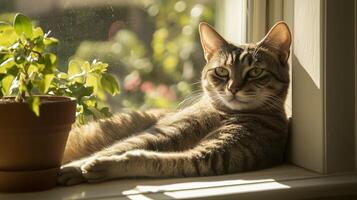 A relaxed tabby cat lounging by the sunny window, enjoying the gentle rays and greenery in a cozy indoor setting photo