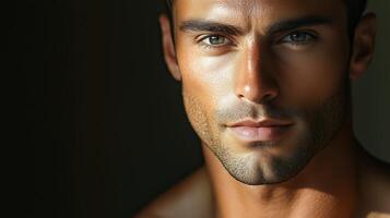 A close-up portrait of a man with striking features and confident expression captured in warm, natural lighting photo