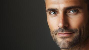 Close-up portrait of a man with striking blue eyes and a confident expression against a dark background in natural lighting photo