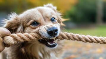 A playful dog enjoys a game of tug-of-war with a rope in a colorful autumn park setting photo