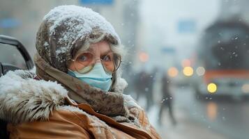 A woman wearing a face mask in the snow photo