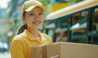 A woman in yellow shirt holding a box photo
