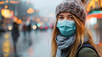 A woman wearing a face mask in the city photo